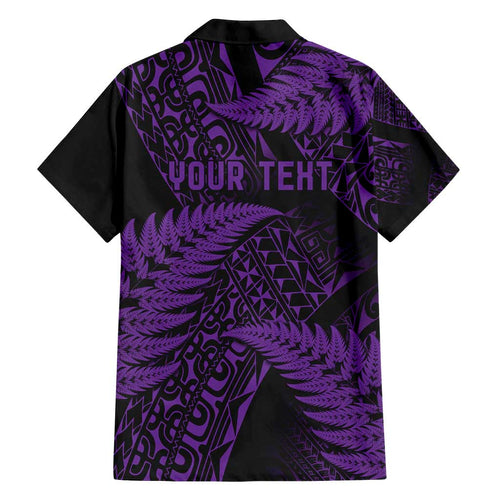 New Zealand Rugby Pacific Personalised Family Matching Off Shoulder Short Dress and Hawaiian Shirt All Purple Maori Pasifika Fern Pattern