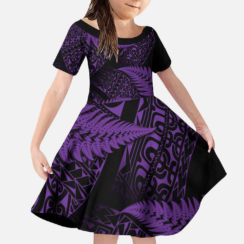New Zealand Rugby Pacific Personalised Family Matching Tank Maxi Dress and Hawaiian Shirt All Purple Maori Pasifika Fern Pattern
