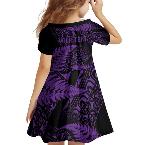 New Zealand Rugby Pacific Personalised Kid Short Sleeve Dress All Purple Maori Pasifika Fern Pattern