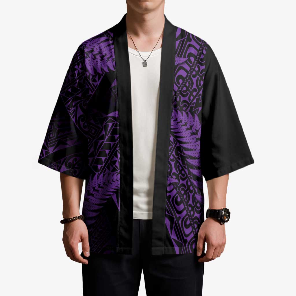 New Zealand Rugby Pacific Personalised Kimono All Purple Maori Pasifika Fern Pattern - Aussie Hoodie