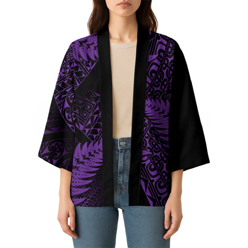 New Zealand Rugby Pacific Personalised Kimono All Purple Maori Pasifika Fern Pattern - Aussie Hoodie