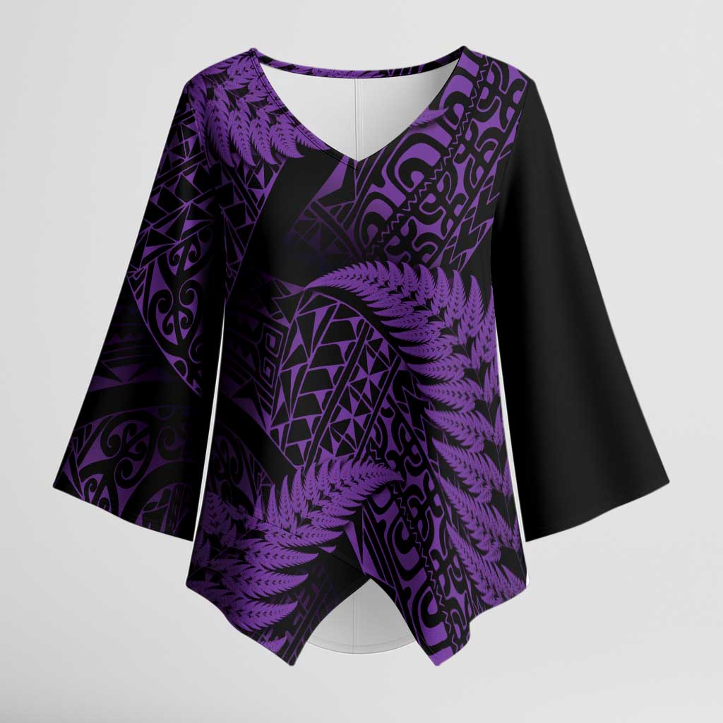 New Zealand Rugby Pacific Personalised Kimono Sleeve Blouse All Purple Maori Pasifika Fern Pattern - Aussie Hoodie
