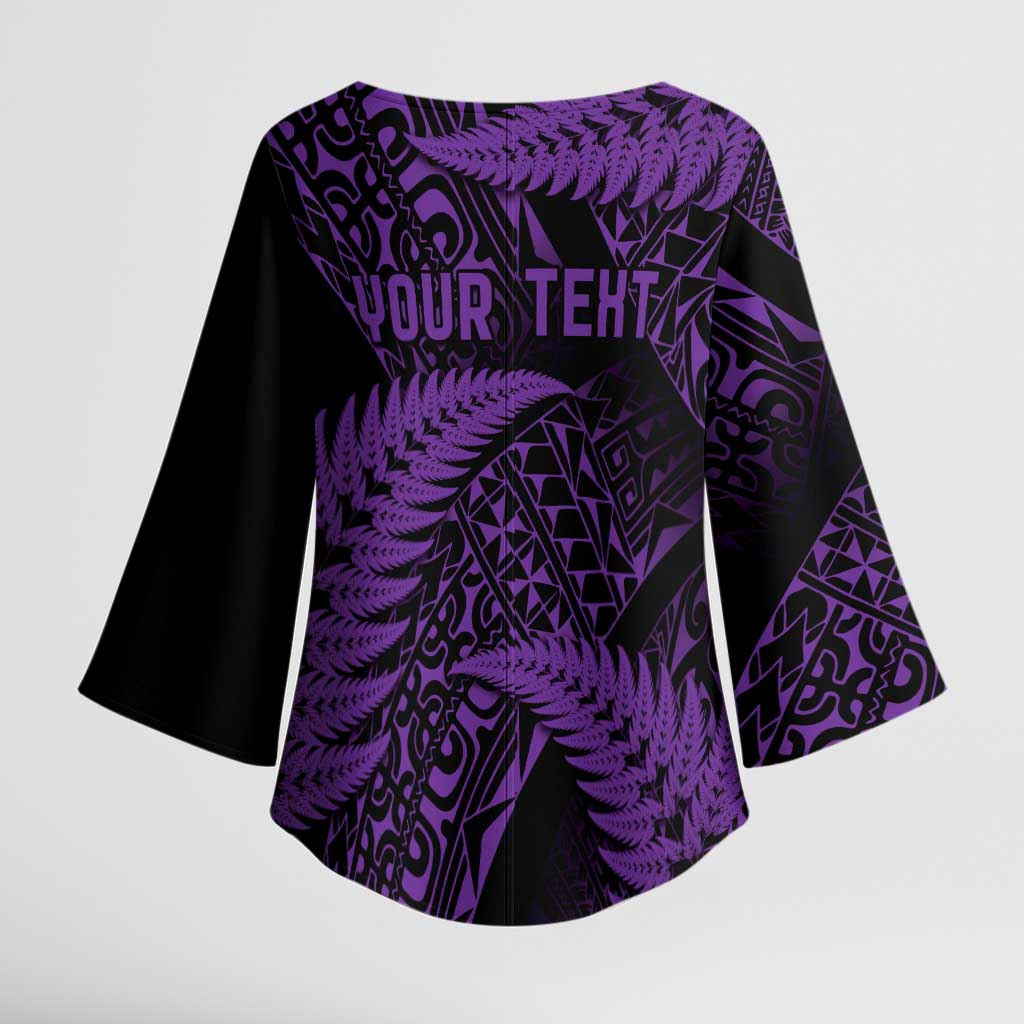 New Zealand Rugby Pacific Personalised Kimono Sleeve Blouse All Purple Maori Pasifika Fern Pattern - Aussie Hoodie