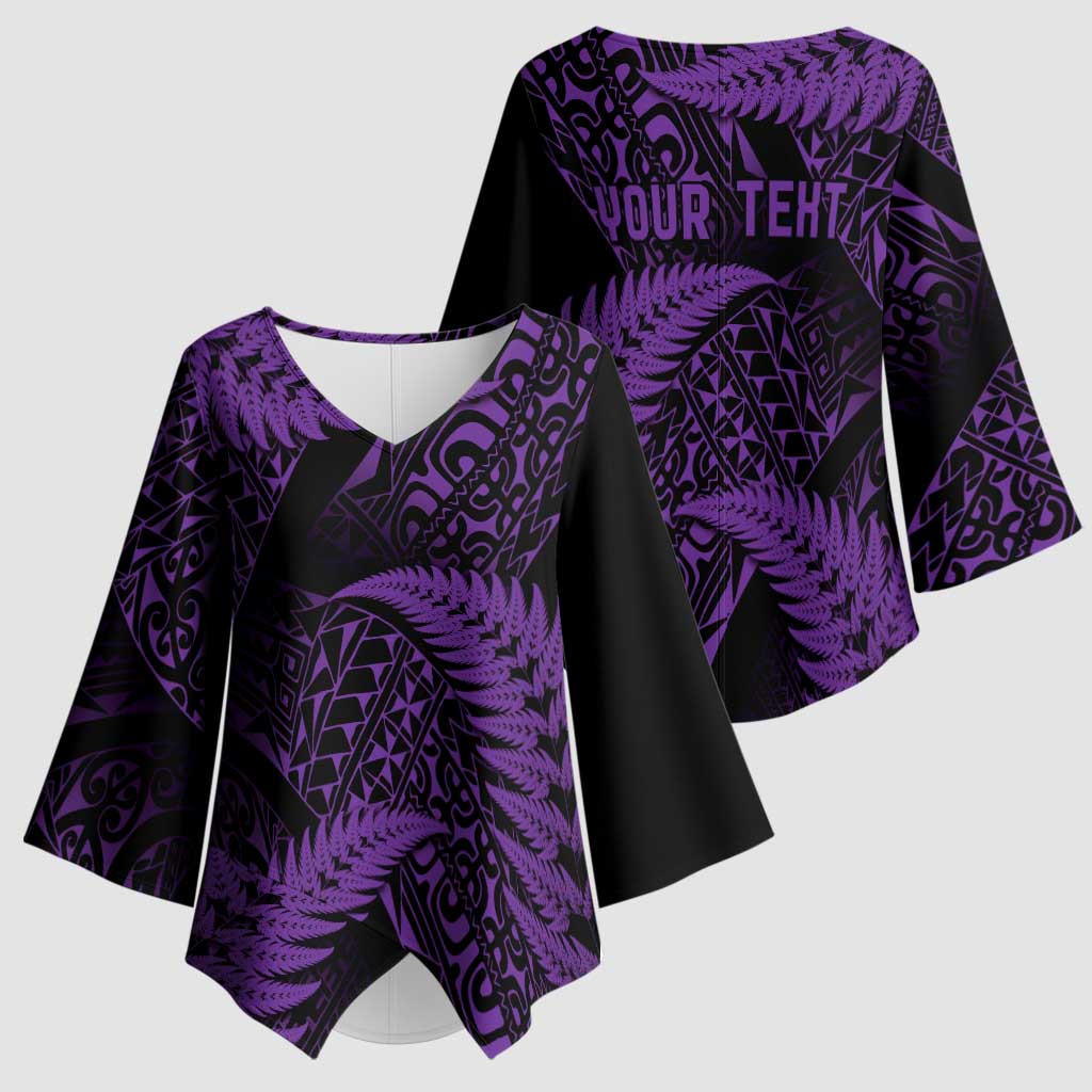 New Zealand Rugby Pacific Personalised Kimono Sleeve Blouse All Purple Maori Pasifika Fern Pattern - Aussie Hoodie