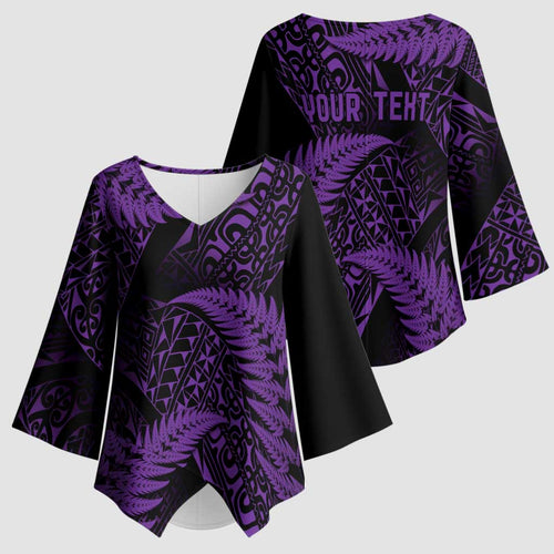 New Zealand Rugby Pacific Personalised Kimono Sleeve Blouse All Purple Maori Pasifika Fern Pattern - Aussie Hoodie