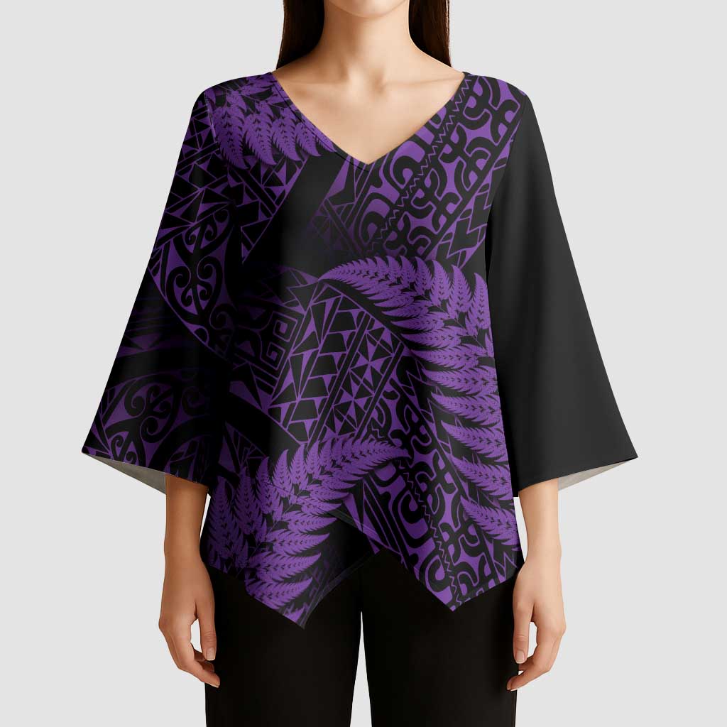 New Zealand Rugby Pacific Personalised Kimono Sleeve Blouse All Purple Maori Pasifika Fern Pattern - Aussie Hoodie