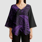 New Zealand Rugby Pacific Personalised Kimono Sleeve Blouse All Purple Maori Pasifika Fern Pattern - Aussie Hoodie