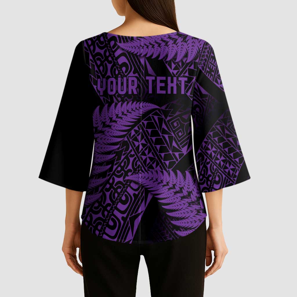 New Zealand Rugby Pacific Personalised Kimono Sleeve Blouse All Purple Maori Pasifika Fern Pattern - Aussie Hoodie