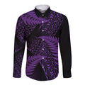 New Zealand Rugby Pacific Personalised Long Sleeve Button Shirt All Purple Maori Pasifika Fern Pattern