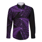 New Zealand Rugby Pacific Personalised Long Sleeve Button Shirt All Purple Maori Pasifika Fern Pattern