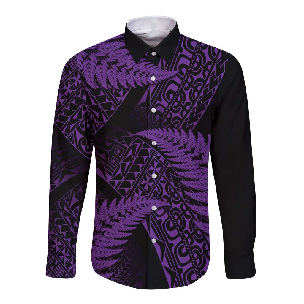 New Zealand Rugby Pacific Personalised Long Sleeve Button Shirt All Purple Maori Pasifika Fern Pattern