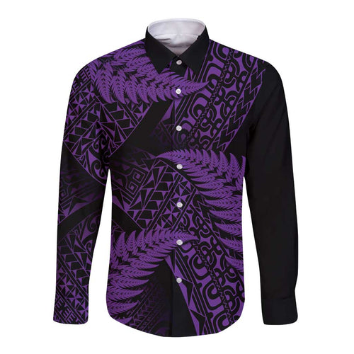 New Zealand Rugby Pacific Personalised Long Sleeve Button Shirt All Purple Maori Pasifika Fern Pattern