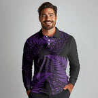 New Zealand Rugby Pacific Personalised Long Sleeve Polo Shirt All Purple Maori Pasifika Fern Pattern