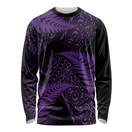 New Zealand Rugby Pacific Personalised Long Sleeve Shirt All Purple Maori Pasifika Fern Pattern