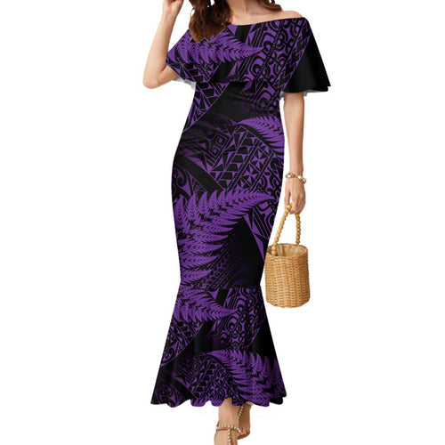 New Zealand Rugby Pacific Personalised Mermaid Dress All Purple Maori Pasifika Fern Pattern