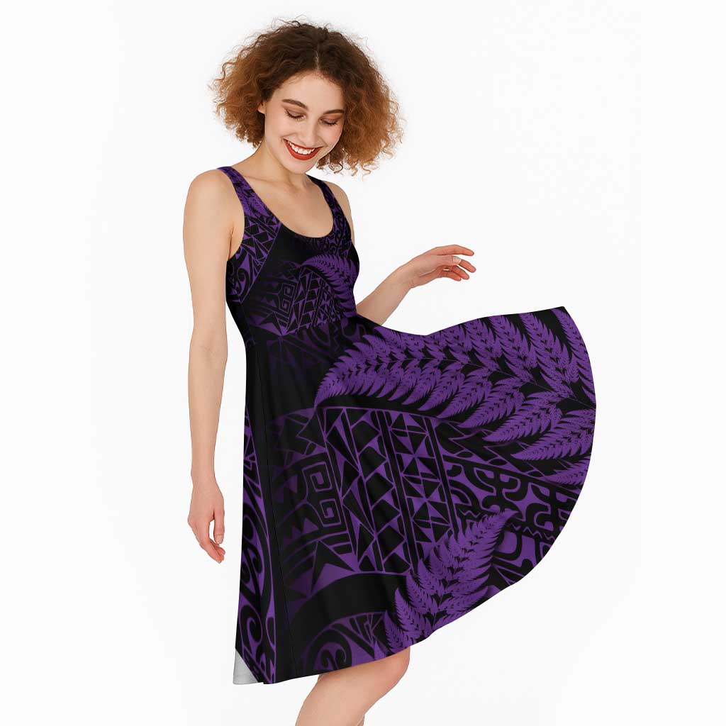 New Zealand Rugby Pacific Personalised Midi Dress All Purple Maori Pasifika Fern Pattern - Aussie Hoodie