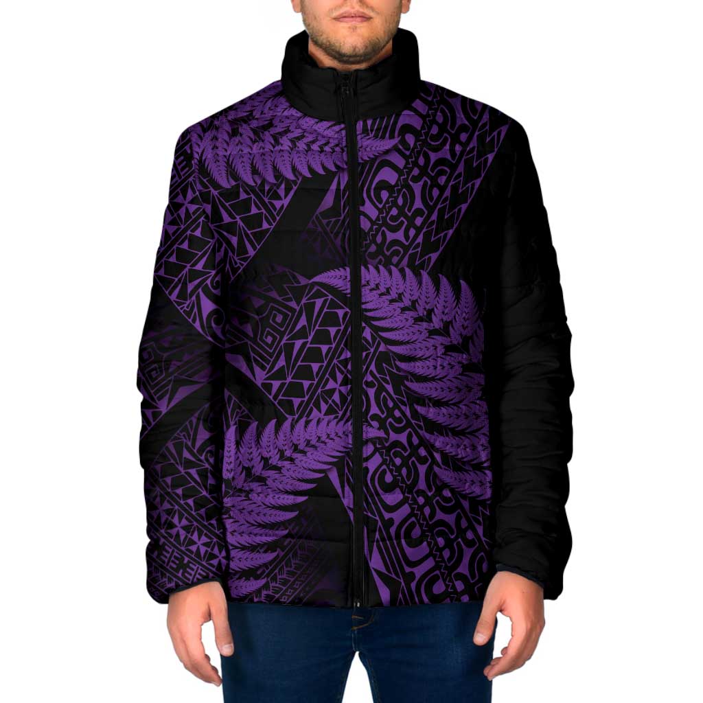New Zealand Rugby Pacific Personalised Padded Jacket All Purple Maori Pasifika Fern Pattern - Aussie Hoodie