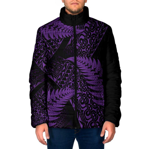 New Zealand Rugby Pacific Personalised Padded Jacket All Purple Maori Pasifika Fern Pattern - Aussie Hoodie