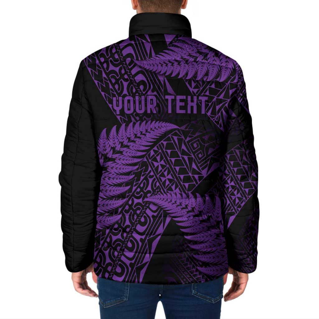 New Zealand Rugby Pacific Personalised Padded Jacket All Purple Maori Pasifika Fern Pattern - Aussie Hoodie