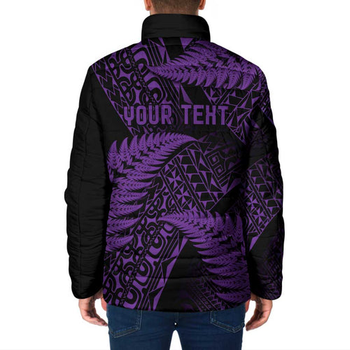 New Zealand Rugby Pacific Personalised Padded Jacket All Purple Maori Pasifika Fern Pattern - Aussie Hoodie