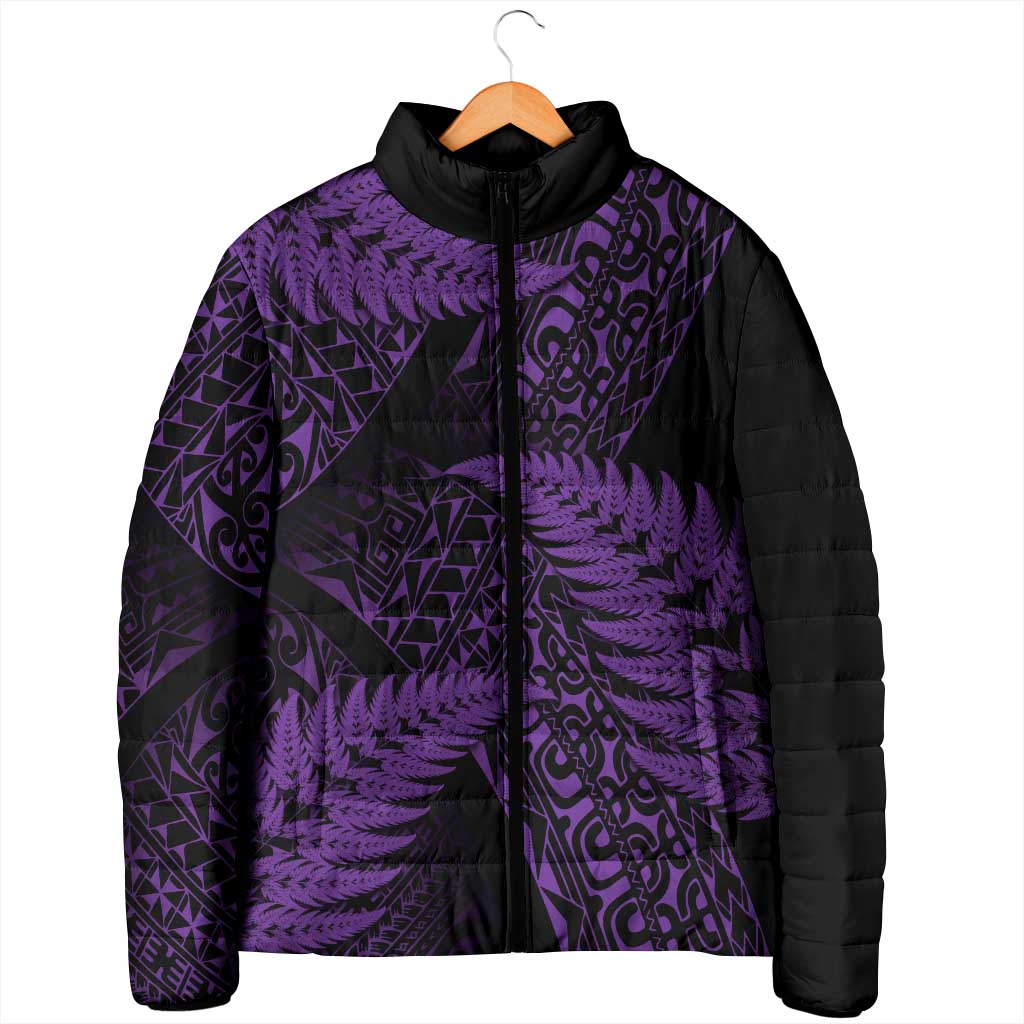 New Zealand Rugby Pacific Personalised Padded Jacket All Purple Maori Pasifika Fern Pattern - Aussie Hoodie