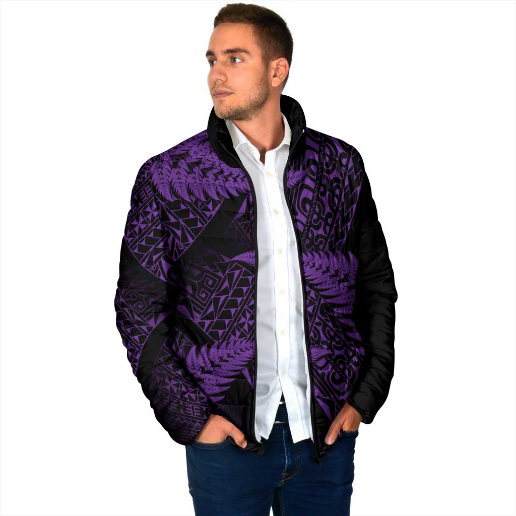 New Zealand Rugby Pacific Personalised Padded Jacket All Purple Maori Pasifika Fern Pattern - Aussie Hoodie