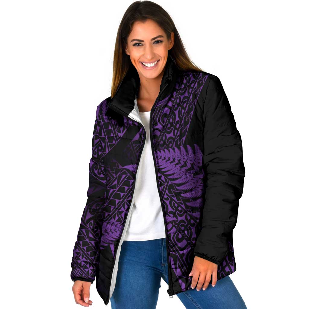 New Zealand Rugby Pacific Personalised Padded Jacket All Purple Maori Pasifika Fern Pattern - Aussie Hoodie