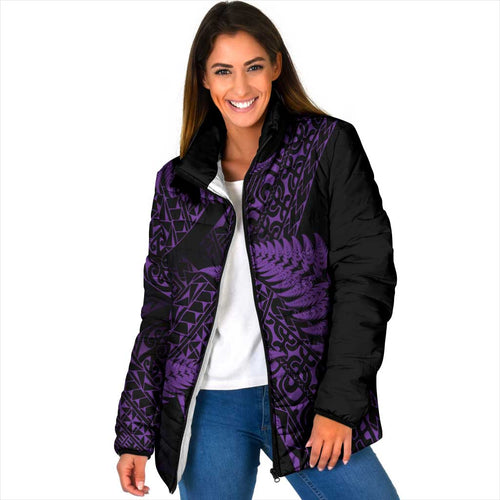New Zealand Rugby Pacific Personalised Padded Jacket All Purple Maori Pasifika Fern Pattern - Aussie Hoodie
