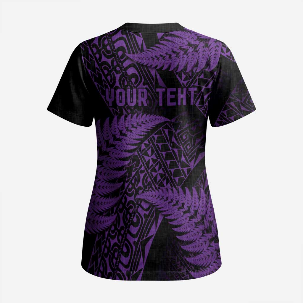 New Zealand Rugby Pacific Personalised Scrub Top All Purple Maori Pasifika Fern Pattern - Aussie Hoodie