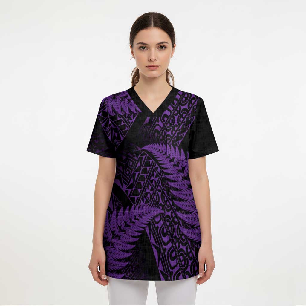 New Zealand Rugby Pacific Personalised Scrub Top All Purple Maori Pasifika Fern Pattern - Aussie Hoodie