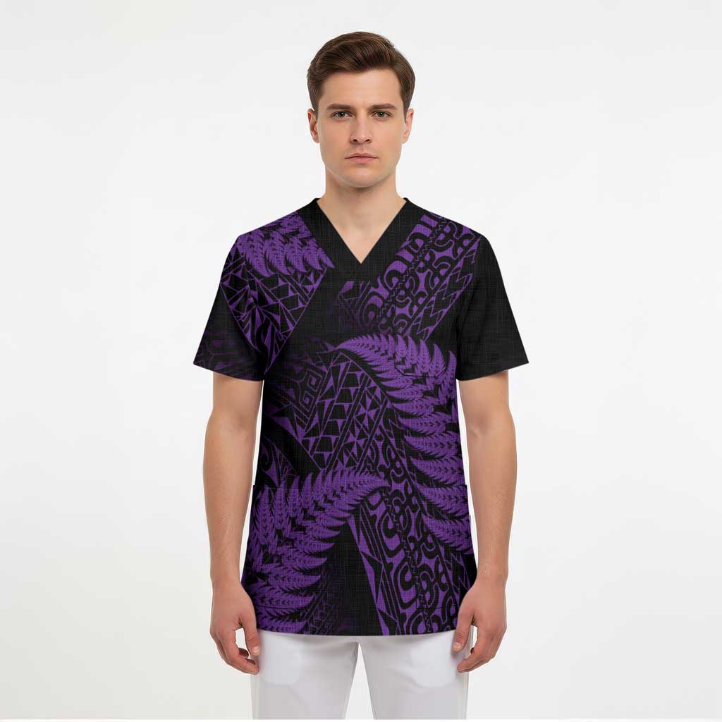 New Zealand Rugby Pacific Personalised Scrub Top All Purple Maori Pasifika Fern Pattern - Aussie Hoodie