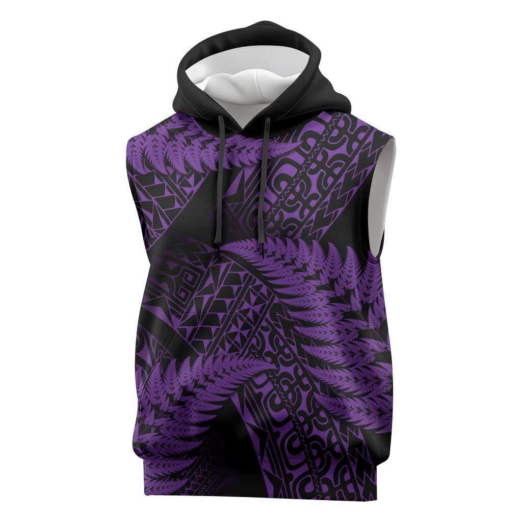 New Zealand Rugby Pacific Personalised Sleeveless Hoodie All Purple Maori Pasifika Fern Pattern - Aussie Hoodie