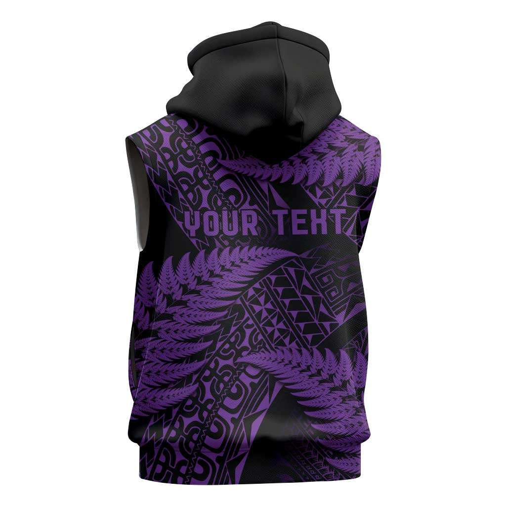 New Zealand Rugby Pacific Personalised Sleeveless Hoodie All Purple Maori Pasifika Fern Pattern - Aussie Hoodie