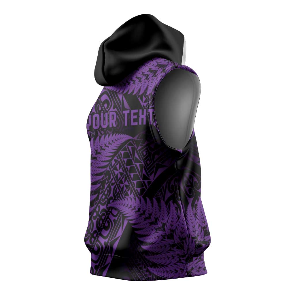 New Zealand Rugby Pacific Personalised Sleeveless Hoodie All Purple Maori Pasifika Fern Pattern - Aussie Hoodie