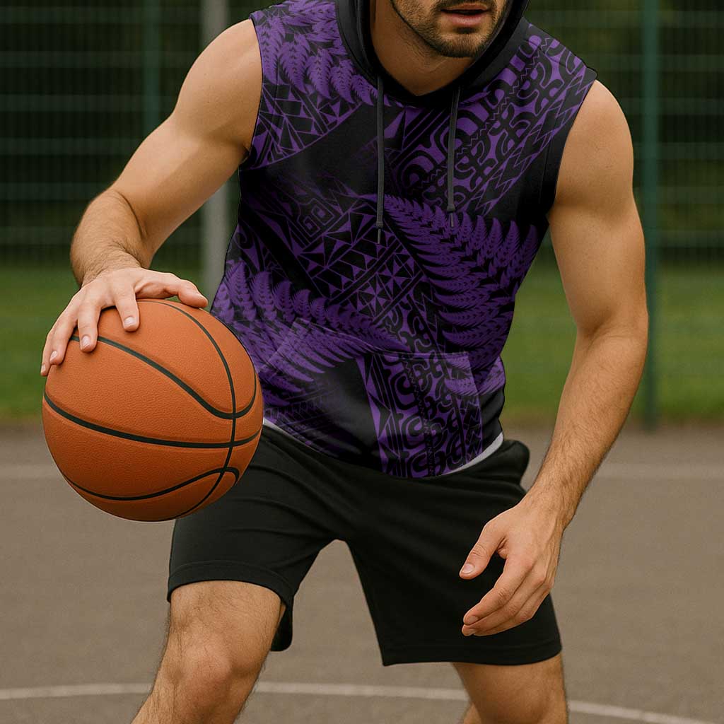 New Zealand Rugby Pacific Personalised Sleeveless Hoodie All Purple Maori Pasifika Fern Pattern - Aussie Hoodie