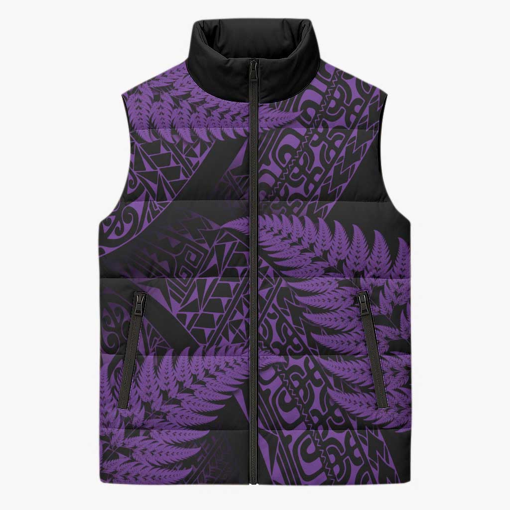 New Zealand Rugby Pacific Personalised Sleeveless Puffer Jacket All Purple Maori Pasifika Fern Pattern - Aussie Hoodie