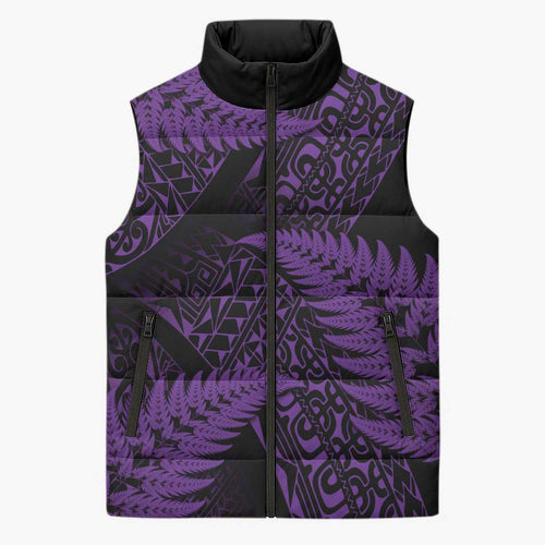 New Zealand Rugby Pacific Personalised Sleeveless Puffer Jacket All Purple Maori Pasifika Fern Pattern - Aussie Hoodie