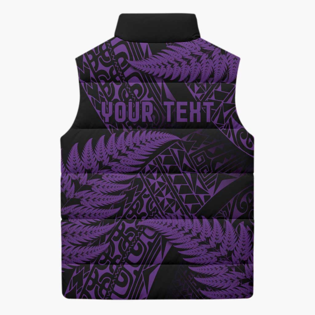 New Zealand Rugby Pacific Personalised Sleeveless Puffer Jacket All Purple Maori Pasifika Fern Pattern - Aussie Hoodie