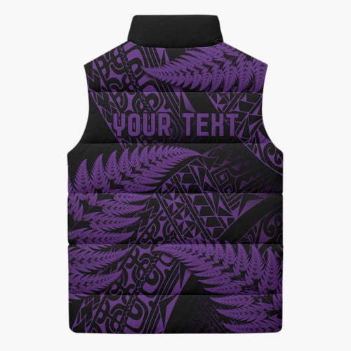 New Zealand Rugby Pacific Personalised Sleeveless Puffer Jacket All Purple Maori Pasifika Fern Pattern - Aussie Hoodie