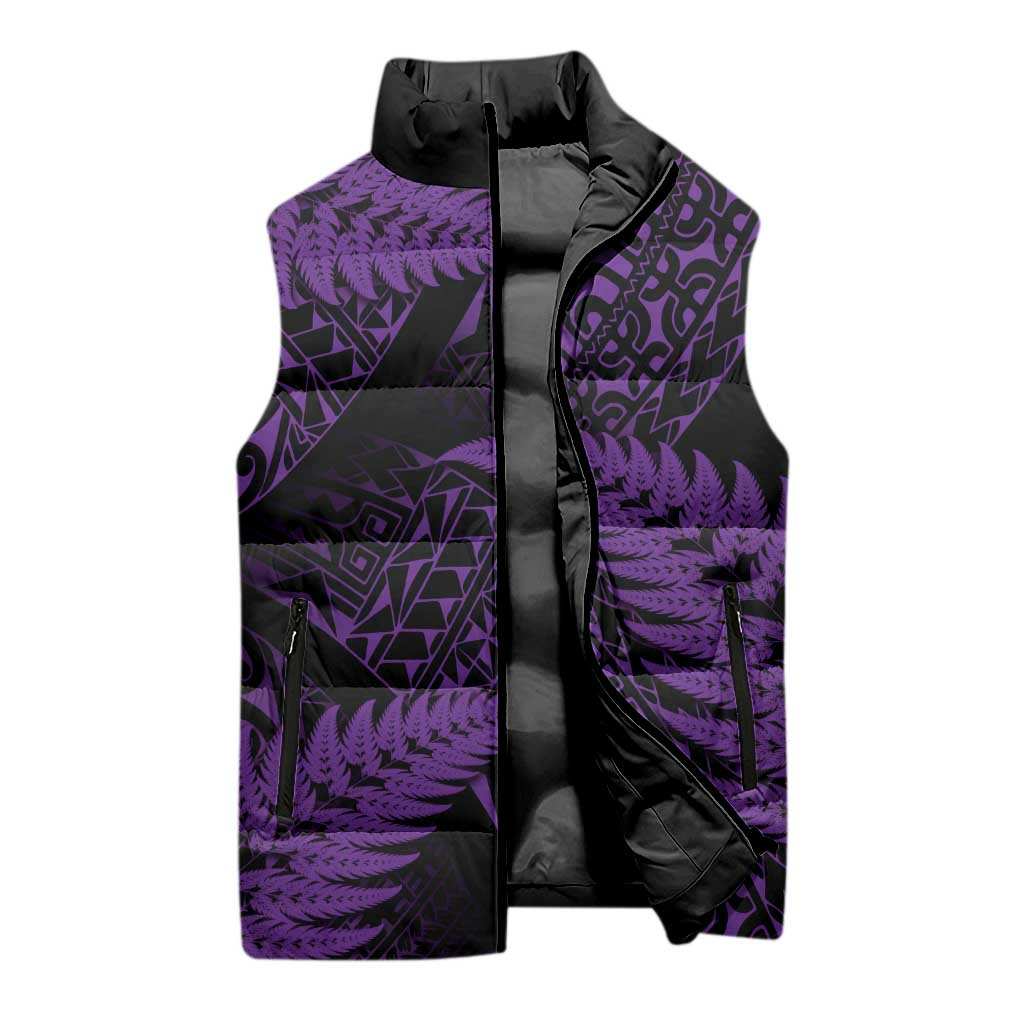 New Zealand Rugby Pacific Personalised Sleeveless Puffer Jacket All Purple Maori Pasifika Fern Pattern - Aussie Hoodie