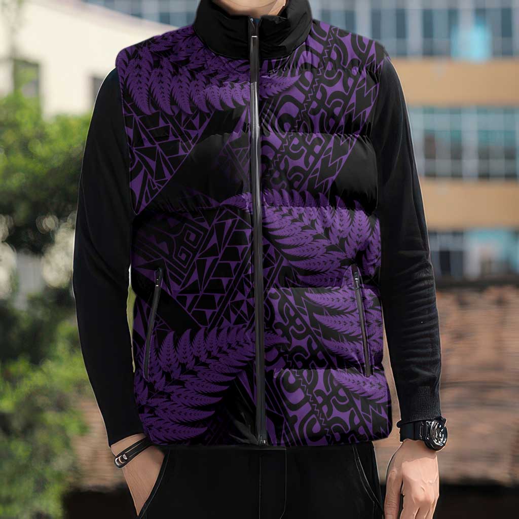 New Zealand Rugby Pacific Personalised Sleeveless Puffer Jacket All Purple Maori Pasifika Fern Pattern - Aussie Hoodie
