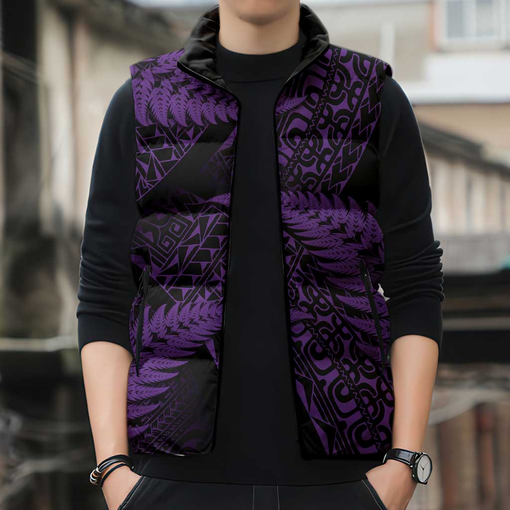 New Zealand Rugby Pacific Personalised Sleeveless Puffer Jacket All Purple Maori Pasifika Fern Pattern - Aussie Hoodie