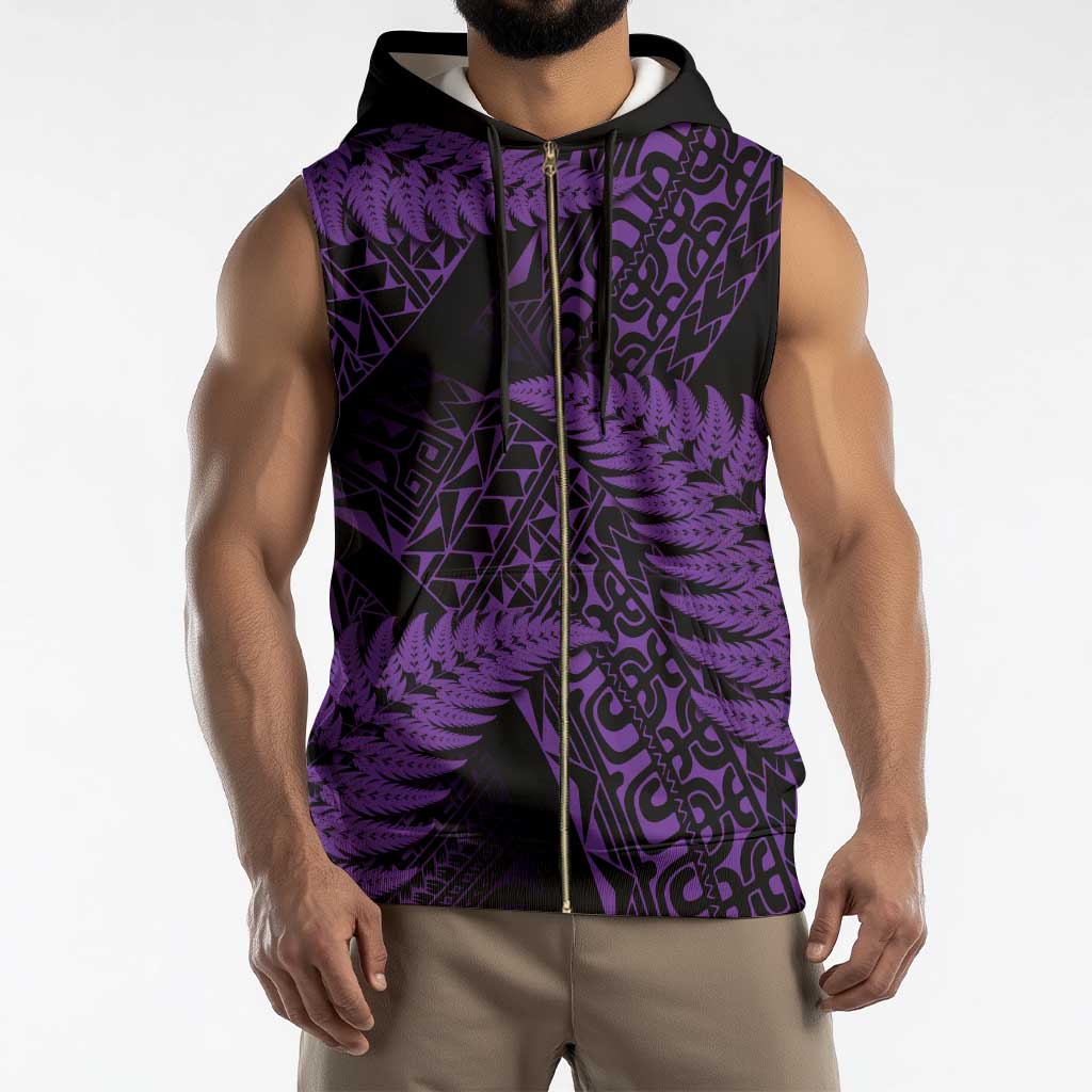 New Zealand Rugby Pacific Personalised Sleeveless Zip Hoodie All Purple Maori Pasifika Fern Pattern - Aussie Hoodie