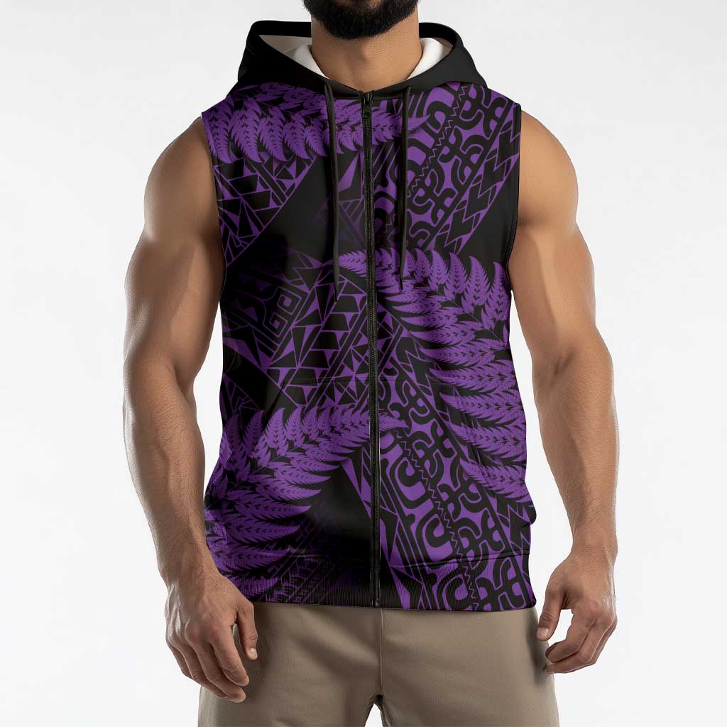 New Zealand Rugby Pacific Personalised Sleeveless Zip Hoodie All Purple Maori Pasifika Fern Pattern LT9