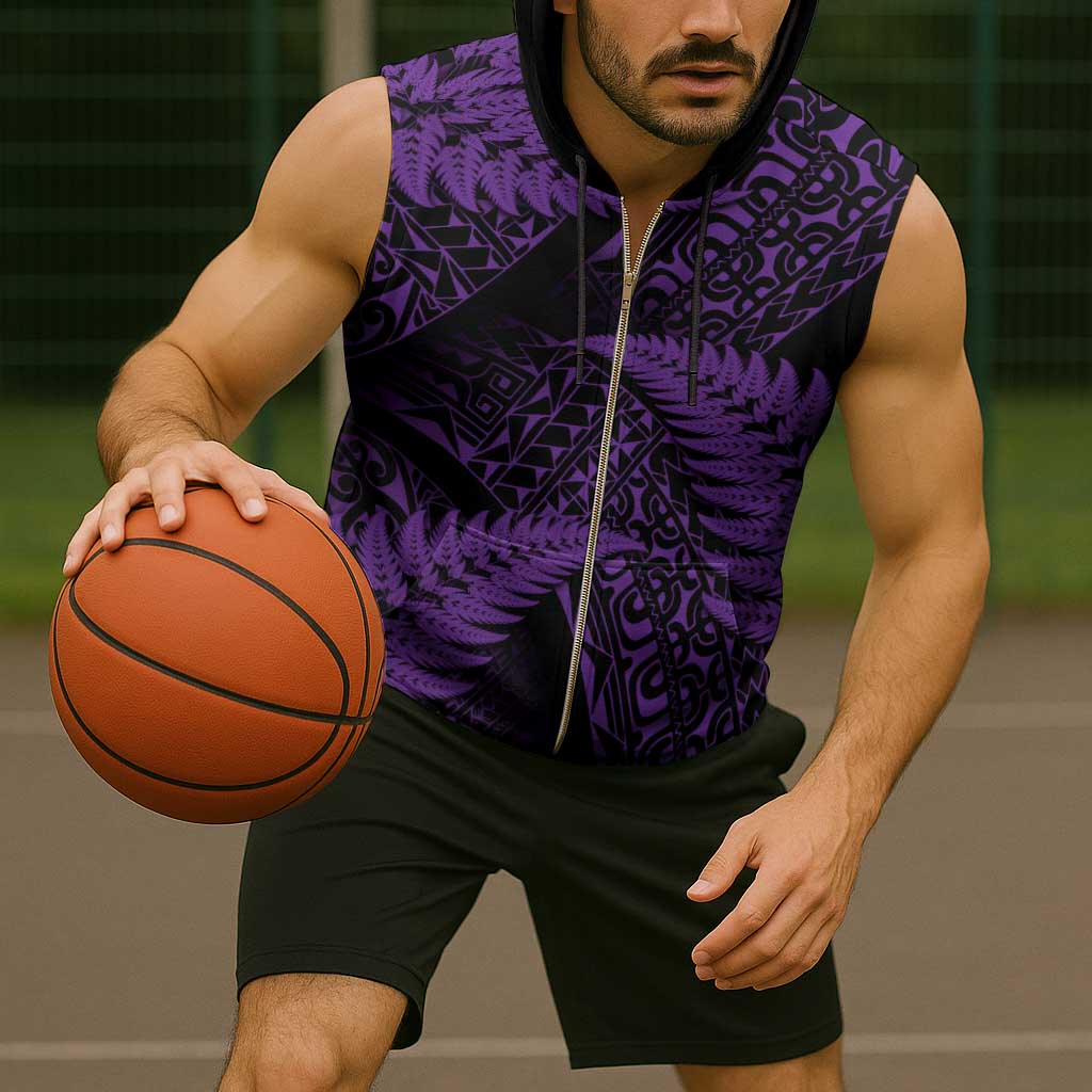 New Zealand Rugby Pacific Personalised Sleeveless Zip Hoodie All Purple Maori Pasifika Fern Pattern - Aussie Hoodie