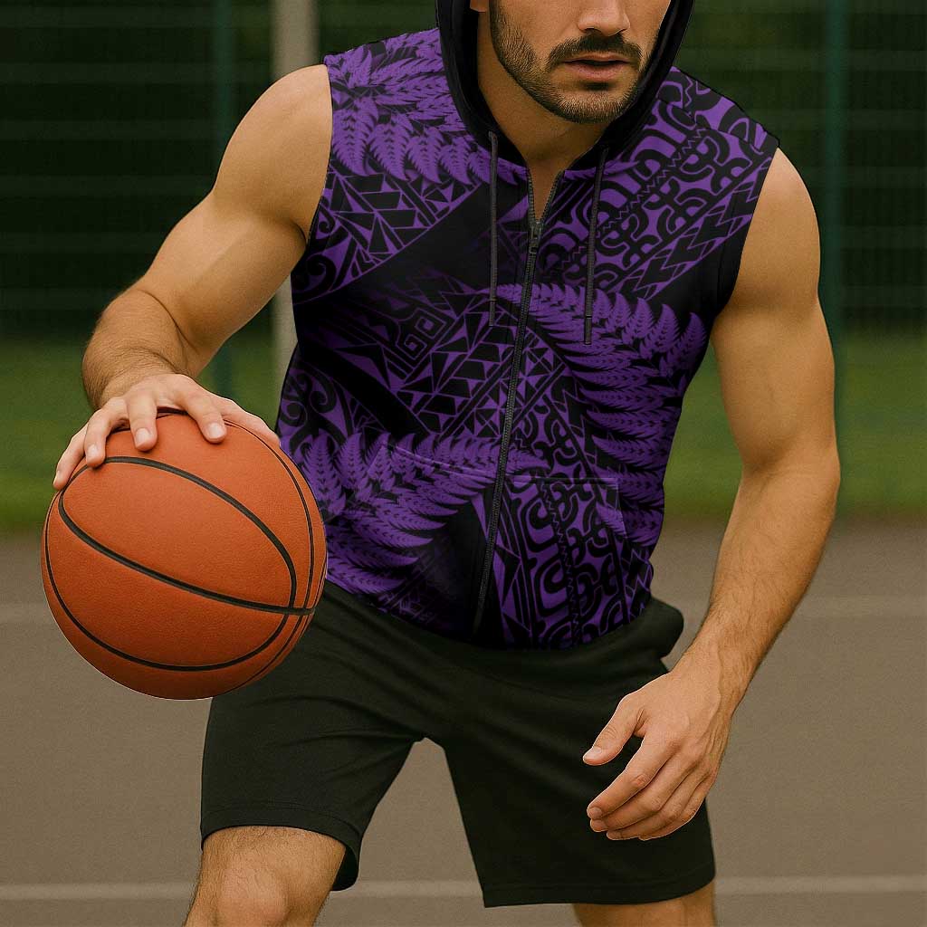 New Zealand Rugby Pacific Personalised Sleeveless Zip Hoodie All Purple Maori Pasifika Fern Pattern LT9