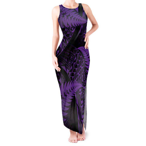 New Zealand Rugby Pacific Personalised Tank Maxi Dress All Purple Maori Pasifika Fern Pattern