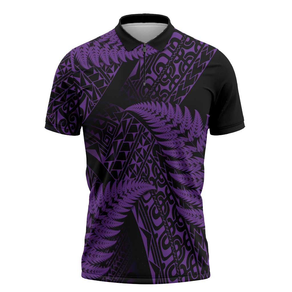 New Zealand Rugby Pacific Personalised Zipper Polo Shirt All Purple Maori Pasifika Fern Pattern - Aussie Hoodie