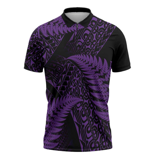 New Zealand Rugby Pacific Personalised Zipper Polo Shirt All Purple Maori Pasifika Fern Pattern - Aussie Hoodie