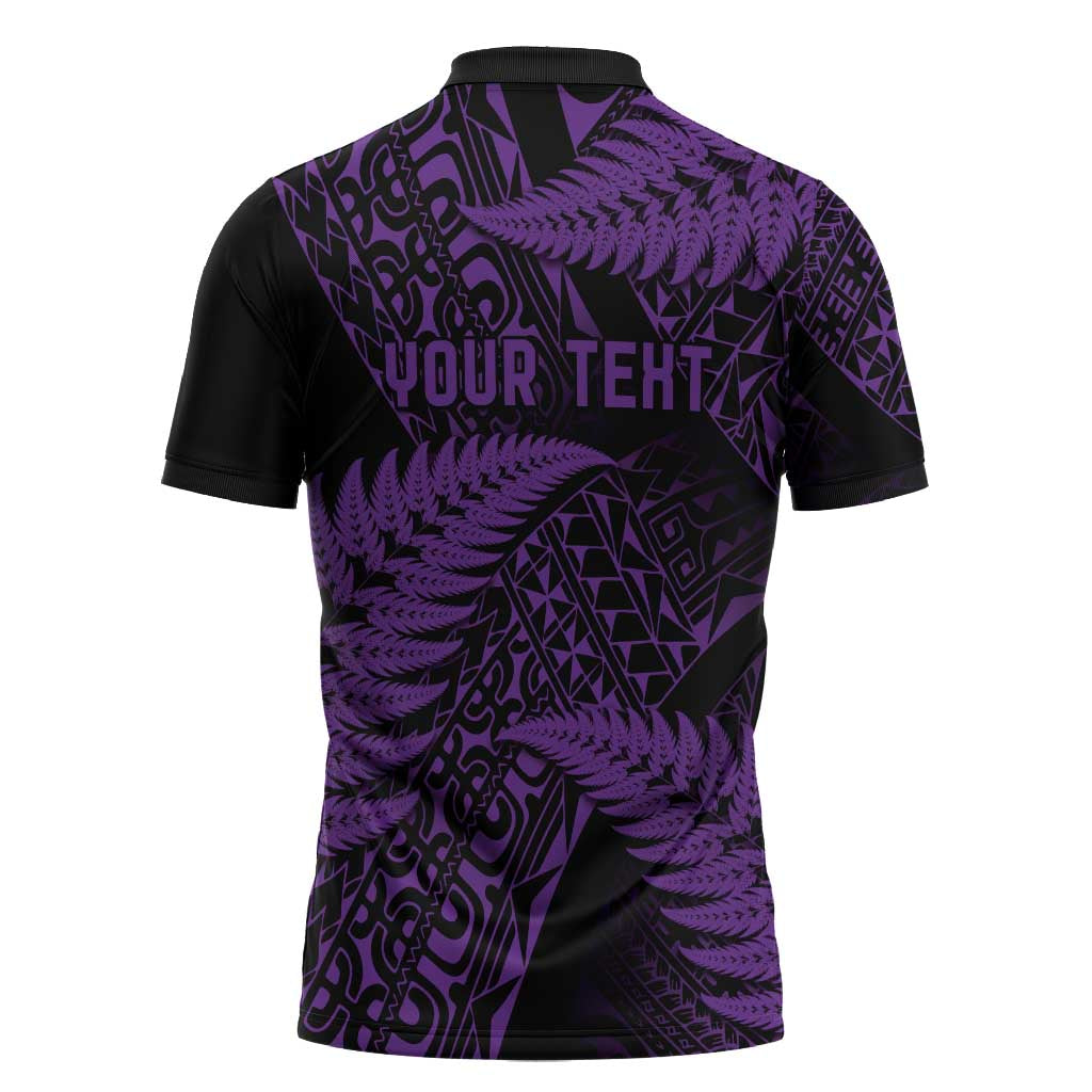 New Zealand Rugby Pacific Personalised Zipper Polo Shirt All Purple Maori Pasifika Fern Pattern - Aussie Hoodie